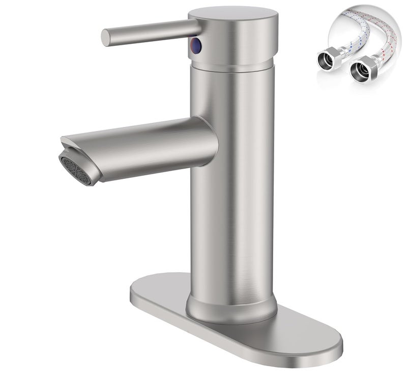 Green Spring Brushed Nickel Bathroom Faucets, Greenspring Single Handle One Hole Bathroom Sink Faucet, Water Saving Lavatory Vanity Sink Faucet with Cover Plate Commercial Mixer Tap Supply Line, Brass - Image 1